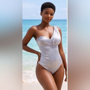 Elegant Silver One-Shoulder Swim One Piece